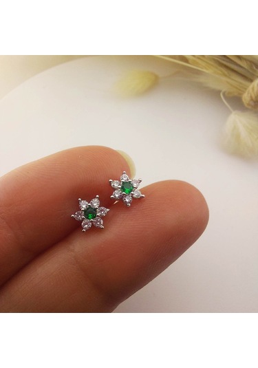 925 Ayar Gümüş Yeşil Taşlı Minimal Lotus Küpe Gümüş