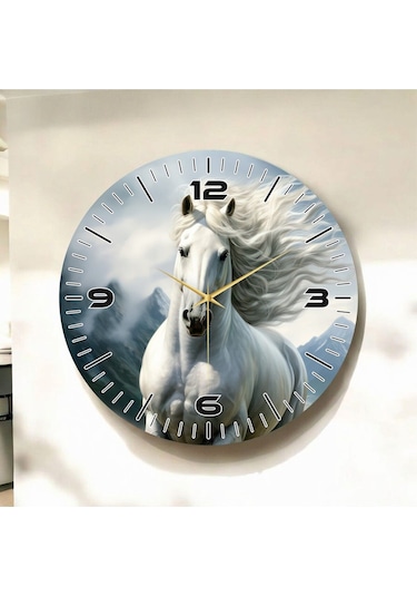Beyaz At Renkli Baskı Hayvan Desenli Sayılı Hediyelik Ahşap Sessiz Duvar Saati 50cm ÇOk Renkli
