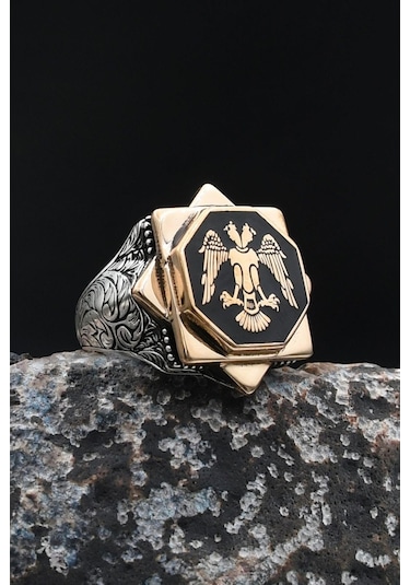 Doğal Oniks Taşlı Tesbih Ve 925 Ayar Gümüş Yüzük Selçuklu Kartalı Mineli 902065 Gümüş