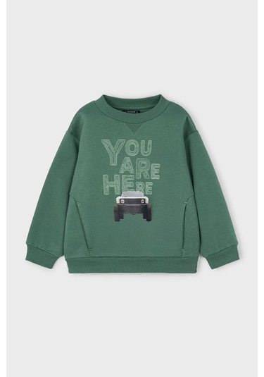 Erkek Çocuk Araç Baskılı Cepli Sweatshirt - Yeşil Mavi