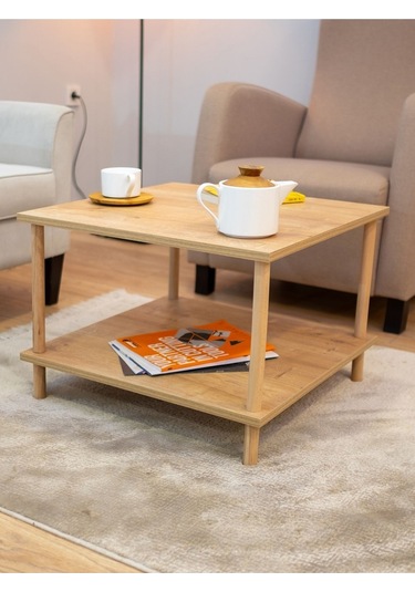 Kare Orta Sehpa Ahşap Ayaklı Sehpa Iki Raflı Sehpa Dekoratif Sehpa Gazetelikli - Safir Meşe-60x60