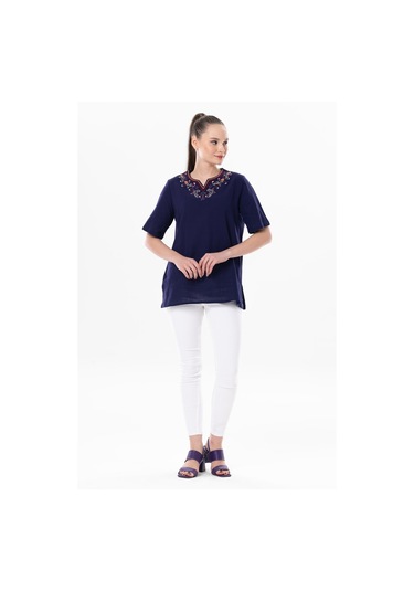 Kısa Kol Şile Bezi Gökkuşağı Nakış Detaylı Yazlık Bluz Mor Mor-mor Mor