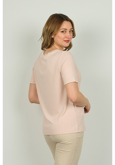 Ella Camelia Kadın Çizgili Bisiklet Yaka Kısa Kol Bluz 1e027 Pudra