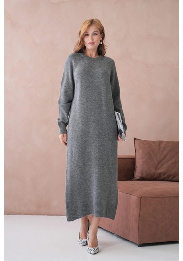 Kadın Bisiklet Yaka Yumuşak Dokulu Maksi Boy Şardonlu Oversize Triko Elbise 8324sw Antrasit