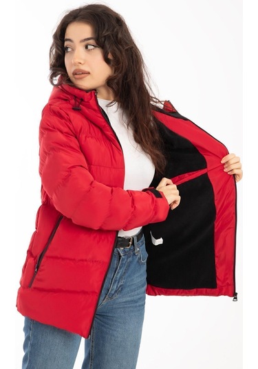 Spor Kadın Kapüşonlu Polarlı Kürklü Su Geçirmez Rüzgara Dayanıklı Şişme Mont Kaban Parka Kırmızı