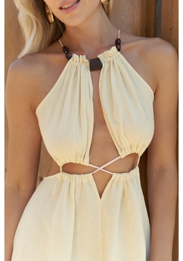 Bunina Bağcıklı Boncuk Detay Sarı Uzun Elbise sarı