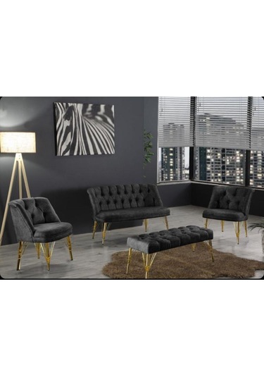 Siyah Cay Seti Metal Ayak 2 1 1 Puf Hediye