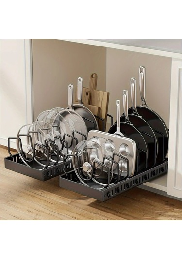 Honeybeeshop Siyah L-07 8 Bölmeli Çekmeceli Mutfak Düzenleyici Raf Ağır Metal Depolama Tencereler Tavalar İçin Ayarlanabilir Siyah