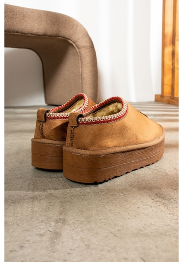 Günlük Kadın Bot Desenli Yüksek Kalıntaban İçi Kürklü Süet Kısa Bootie Hafif U50 Taba