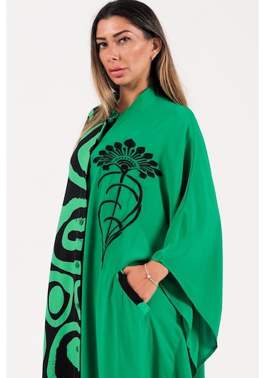 Kadın Yeşil Sıfır Yaka Desen Garnili Nakışlı Cepli Oversize Uzun Elbise - Yesıl