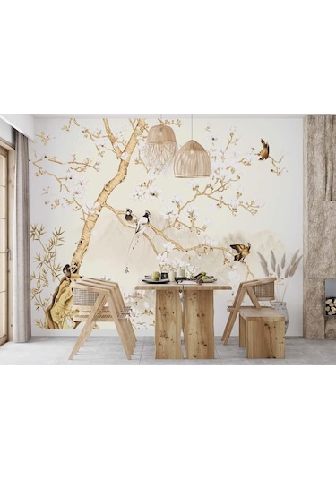 Ağaç Dalları Üzerinde Kuşlar Vintage Duvar Kağıdı