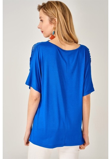 Kadın Lazer Kesim Saks Mavisi Bluz-Saks