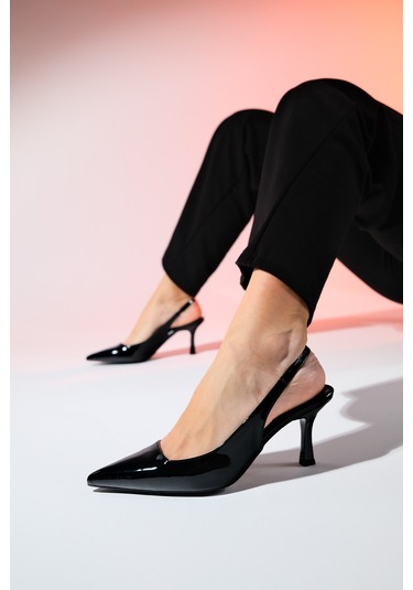 Luvishoes Flem Siyah Rugan Kadın Sivri Burun Arkası Açık İnce Topuklu Ayakkabı Siyah
