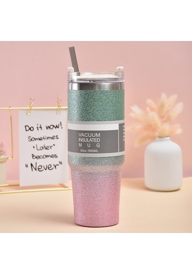 Rogfer 30oz Parıltılı Yalıtım Kahve Fincanı Çift Katmanlı Buz Kupası Saman İle Paslanmaz Çelik Araba Kupası Yeşil Mor Yeşil - Mor Yeşil - Mor