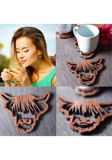 Hayvan Tasarımlı Ahşap Bardak Altlıkları,ahşap Highland İnek Bardak Altlıkları Kahverengi