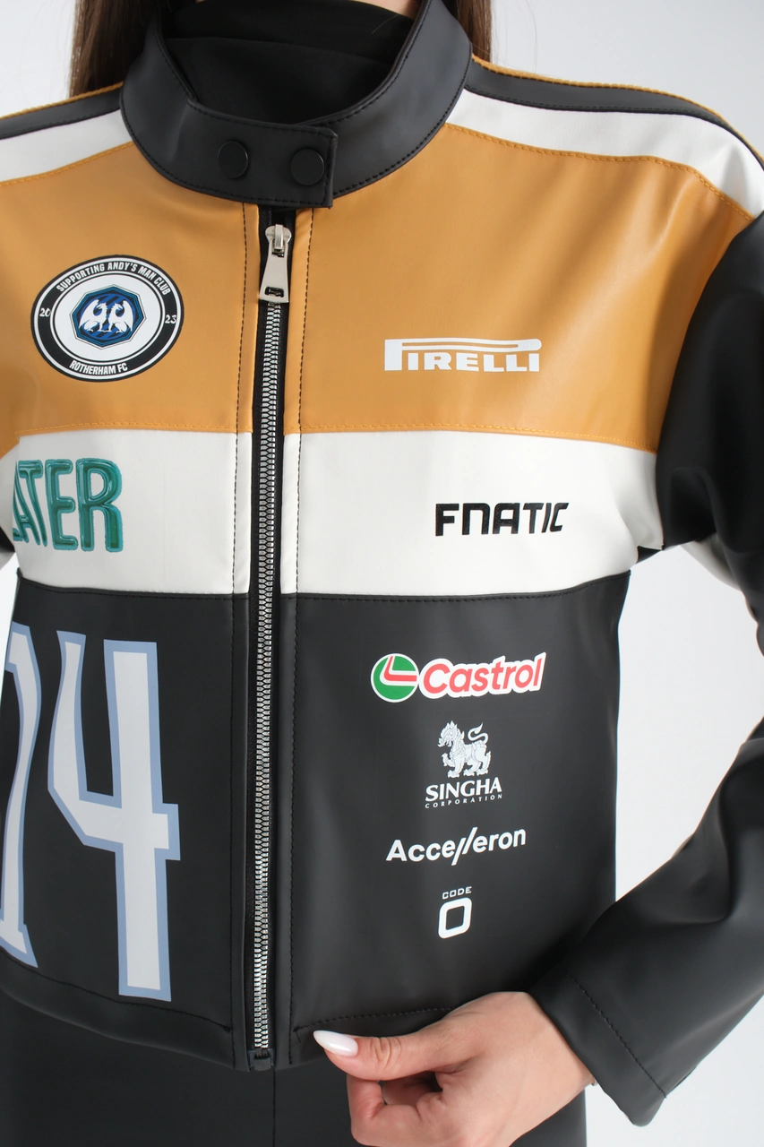 Kadın Oversize Baskılı Deri Şeritli Motorcu Montu Garnili Fermuarlı Yarışçı Ceketi Bomber Kolej Mont Hardal