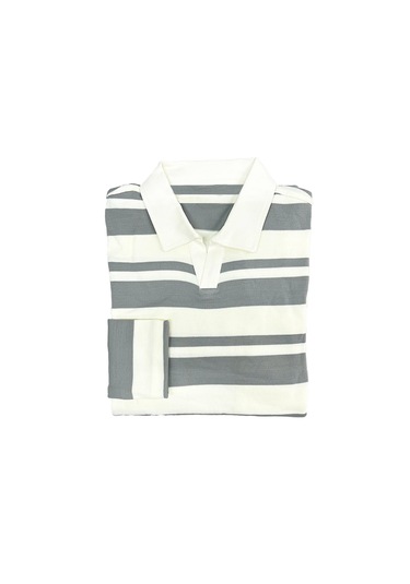 Fazra Erkek Polo Yaka Çizgili Triko Kazak 2025 Açık Gri