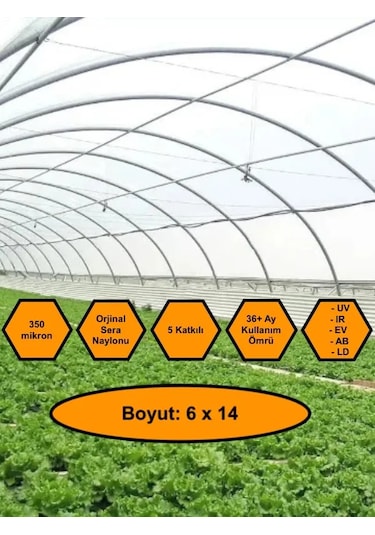 Sera Naylonu, 36 Aylık, 5 Katkılı, 350 Micron 6x14 Şeffaf Sera Örtüsü, Uv Dayanımlı, Ir, Ev, Ab, Ld
