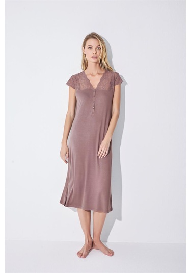 Monamise Kadın Yakası Kolu Ve Omzu Brode Dantelli Önü Düğmeli Gecelik 18511-kahve Kahverengi