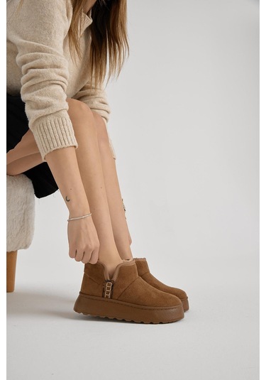 Kalın Poli Taban İçi Astarlı Süet Görünümlü Kadın Taba Günlük Bot Tbprf005 Taba