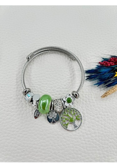 Bhs Life Kadın Charmlı Yeşil Renk Kristal Taşlı Hayat Ağacı Çelik Bileklik Sarı