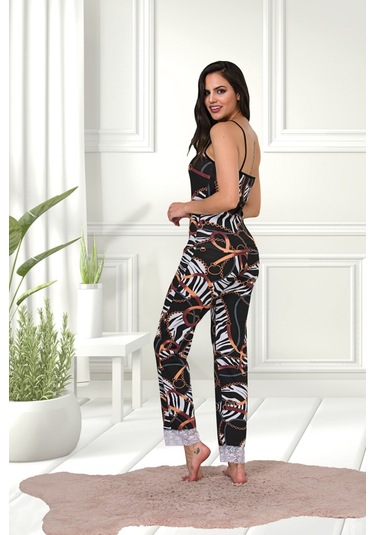 Kadın Zincir Desenli Pamuklu Likralı Siyah Askılı Dantel Detaylı Pijama Takımı 28457 Siyah
