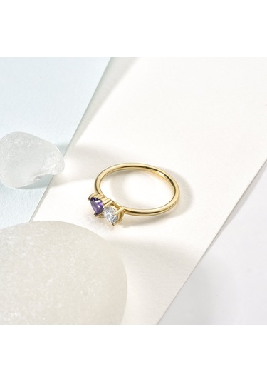 14 Ayar Altın Kaplama Kişiselleştirilebilir Kalp Ve Yuvarlak Renkli Taşlı Yüzük - Rs00108 Altın