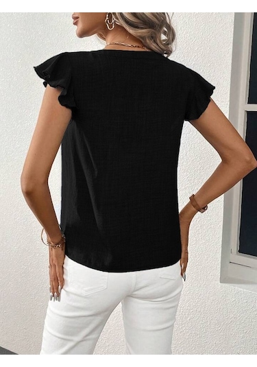 Munn Collection Kadın Kısa Kelebek Kollu V Yakalı Bluz Siyah