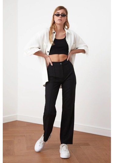 Modaserdem Kadın Yüksek Bel Nervurlu Ithal Krep Pantolon Siyah