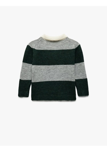 Koton Uzun Kollu Renk Bloklu Düğmeli Polo Yaka Triko Kazak Gri Çizgili 6wmb90002tt Gri Çizgili