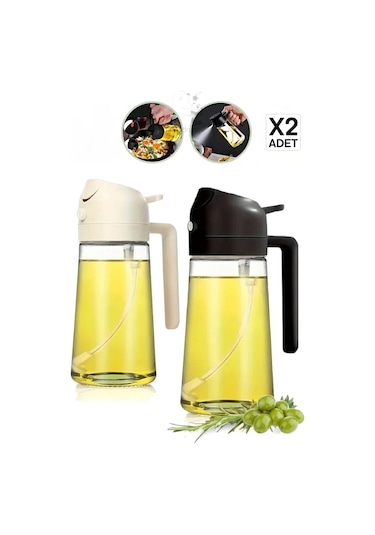 Madamev 2 Adet Çift Fonksiyonlu Cam Sprey Yağdanlık 450ml Zeytinyağı Sıvıyağ Şişe Airfryer Yağlık Si Siyah Beyaz