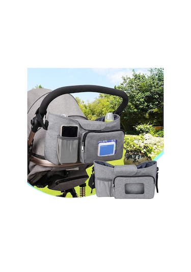 Padalink Bebek Arabası Organizer Çantası - Isı Saklama Bardaklık Ve Islak Mendil Çekme Fonksiyonu İle Çok Bölmeli Mavi Anne Çantası Gri