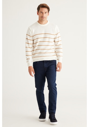 AC&Co / Altınyıldız Classics Erkek Ekru Karamel Standart Fit Normal Kesim Bisiklet Yaka Çizgili Triko Ekru