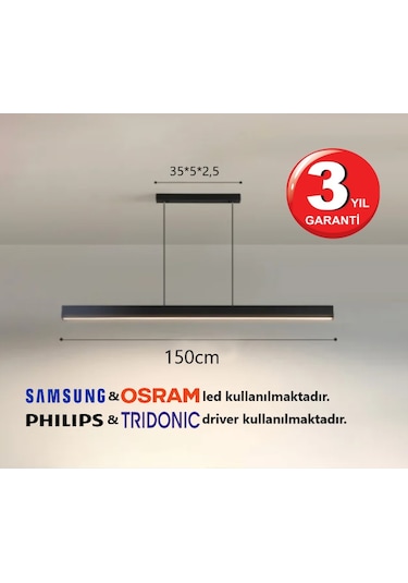 Linear 150cm Siyah Kasa Ledli Sarkıt Modern Led Avize, Salon, Mutfak, Masa Üstü Avize Aydınlatma Doğal