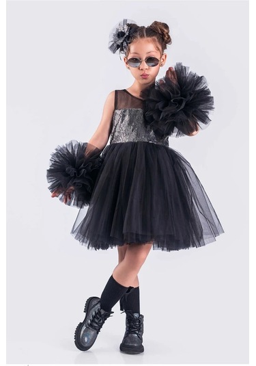 Kız Çocuk Abiye Elbise Ponpon Kol Pul Payetli Tütülü Siyah - Gr