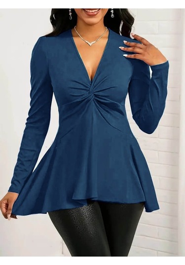 Kadın Uzun Kollu V Yakalı Çapraz Geçmeli Detaylı Ithal Krep Bluz Lacivert