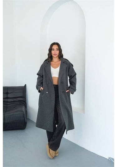 Neşeli Butik Kadın Omuz Detaylı Antrasit Kaşe Kaban Nbmylk34 Antrasit