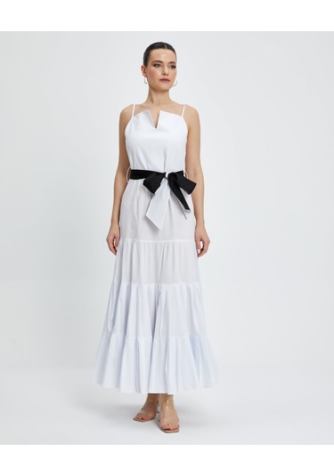 Kadın Askılı Uzun Elbise - Kemer Detaylı - Modern Ve Şık - Günlük Ve Özel Günler İçin Elbise Ekru