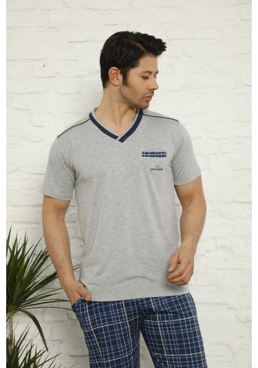 Erkek V Yaka Ekose Desen %100 Pamuk Kısa Kol Cepli Pijama Takımı Gri