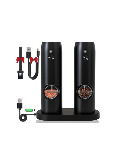 Honeybeeshop Bir Paket 1 Veya 2li Sarj Edilebilir Elektrikli Biber Ve Tuz Degirmeni Seti Sarj Tablasi Otomatik Calisma Led İsik Ayarlanabilir Ogutme Usb Sarj Kompakt Tasarim Ahşap