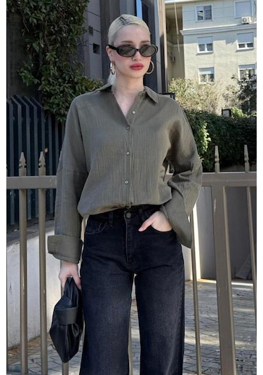 Madmext Haki Muslin Kumaş Basic Kadın Gömlek Mg1660 Haki
