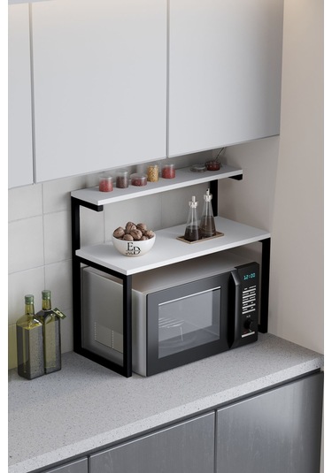 Akik 2 Raflı Metal Çok Amaçlı Mutfak Rafı / Tezgah Üstü Raf Siyah Metal - Beyaz Tabla Beyaz