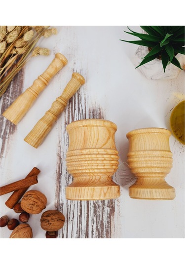 El Yapımı Ahşap Ağaç Havan Sarımsak Döveceği Lüx 8-10 Luk 2li Set