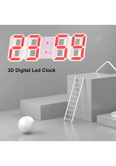 Mufunye Beyaz Gövde Kırmızı Işıklı Dijital Led Saat - Zaman/tarih/sıcaklık Gösterici, 3d Ekran, Işıklık Ayarlı, Duvar/üstte Kullanıma Uygun Alarm Saati ÇOk Renkli