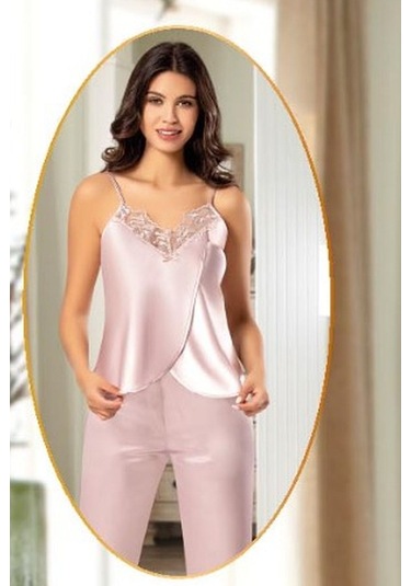 Xses 2165 Kadın Saten Empirme Sabahlıklı 4'lü Pijama Takım-pudra Pudra