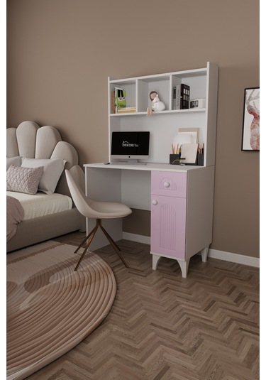 Df09105 Çekmeceli Kapaklı Kitaplıklı Çalışma Masası Bilgisayar Masası Pembe