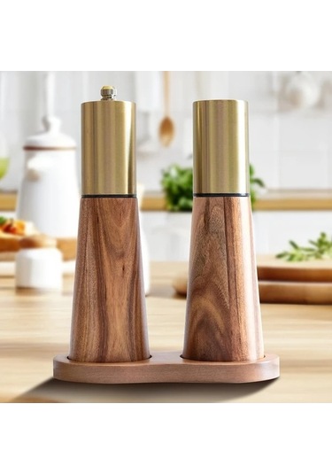 Besthome1 Altın Renk Ahşap Tabanlı Manuel Tuz Ve Karabiber Değirmeni Paslanmaz Çelik Mutfak Aksesuarı Altın Altın