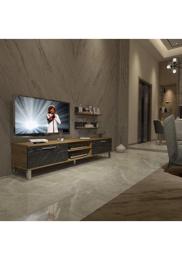 Decoraktiv Eko 4 Mdf Dvd Krom Ayaklı Tv Ünitesi Tv Sehpası Pera - Siyah Mermer