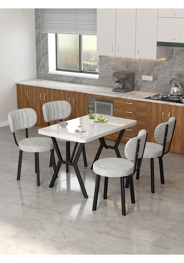Azra 70x110cm Beyaz Mutfak Masası, Mutfak Masası Takımı, Yemek Masası, 4 Açık Gri Sandalye Açık Gri