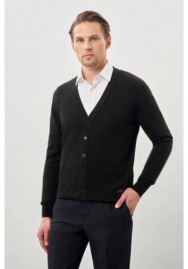 Siyah Uzun Kol Örme V Yaka Comfort Fit Rahat Kesim Klasik Triko Siyah